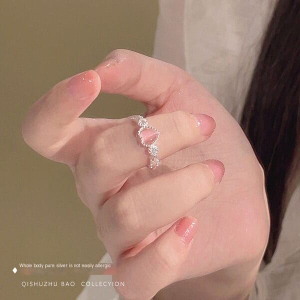 Korean version pink cat's eye stone heart-shaped ring, niche fashion ring, sweet peach heart ring for index finger, Qixi Festival gift - Image 8