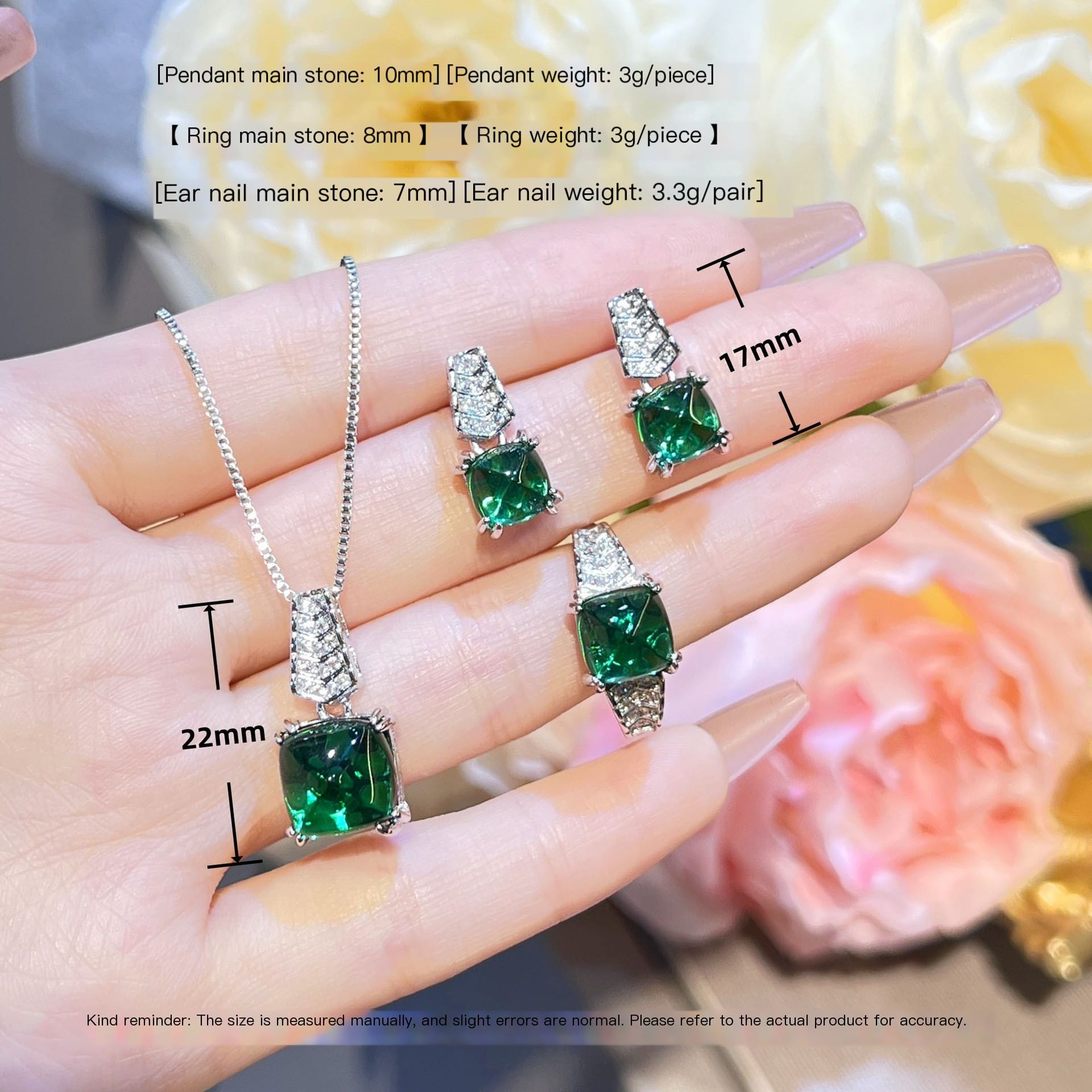 Luxury luxury color treasure ring high carbon diamond high sense pendant necklace emerald earrings earrings set - Image 3