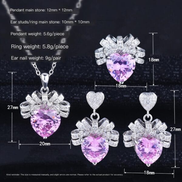 Light luxury Love Pink Diamond necklace bow Heart pendant Pink Zirconium earrings open heart ring Pink heart set - Image 2