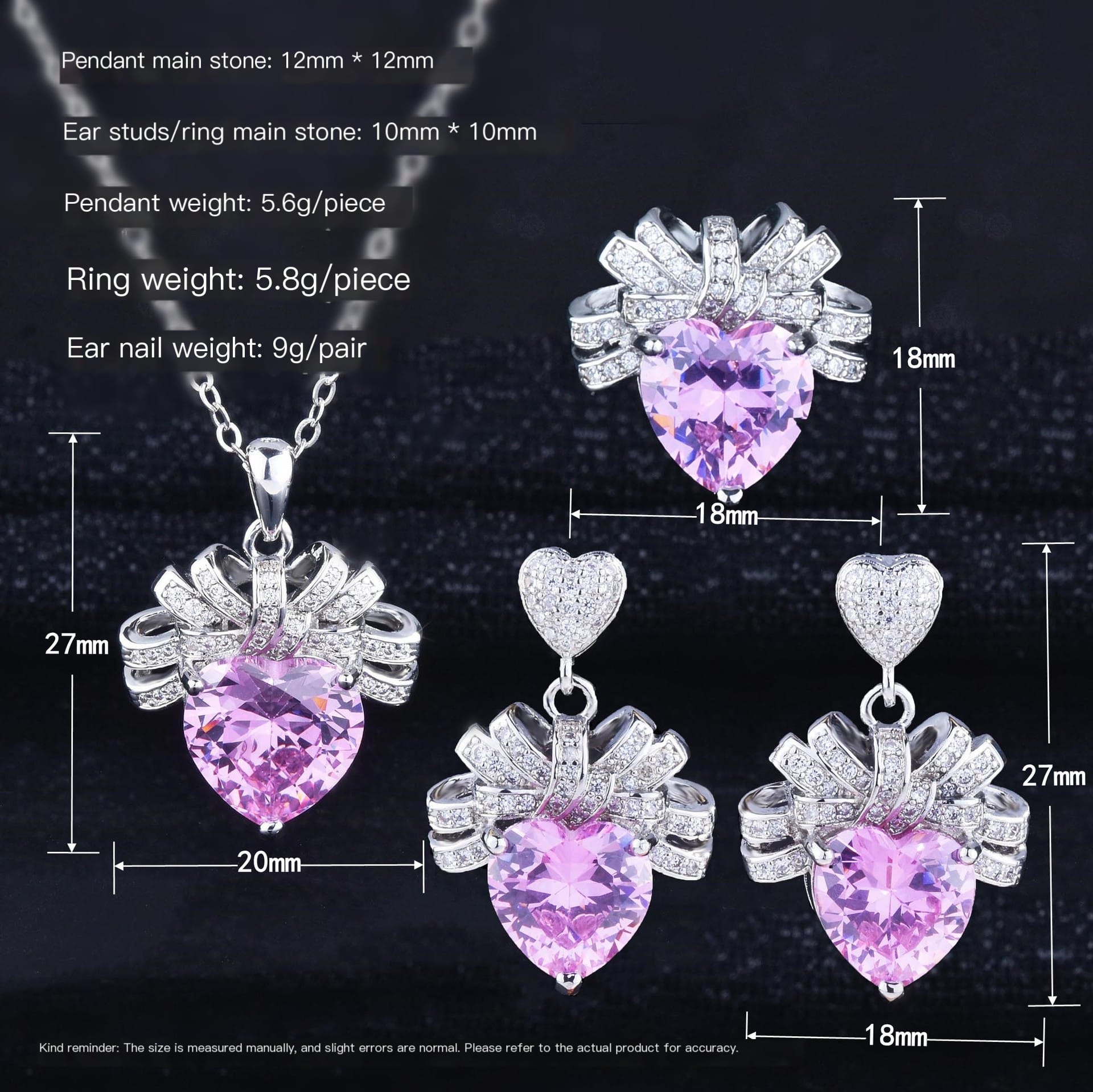Light luxury Love Pink Diamond necklace bow Heart pendant Pink Zirconium earrings open heart ring Pink heart set - Image 2