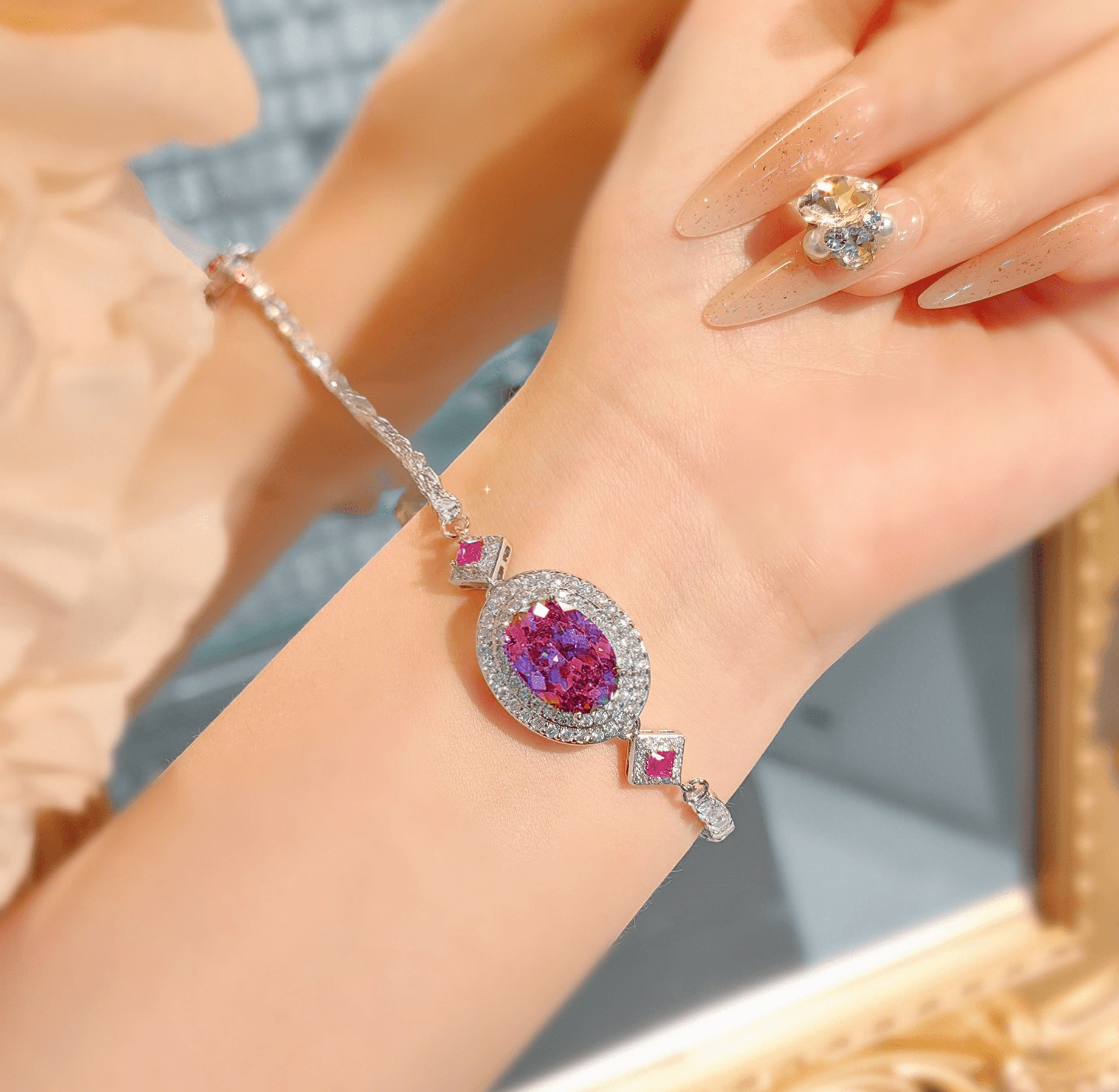 New temperament dry rose necklace pendant imitation Alexander stone ring high carbon diamond bracelet color treasure set - Image 4