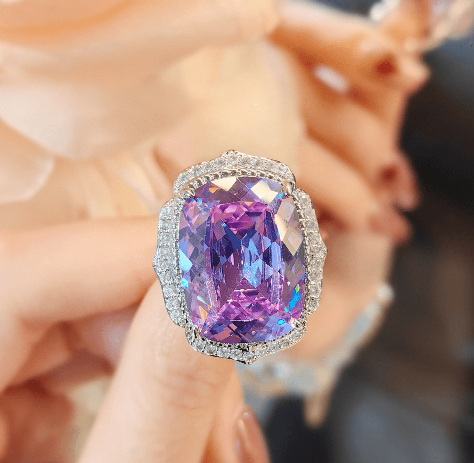 Purple oblong ice cut set set with high carbon diamond purple diamond necklace color jewel earrings ring - Image 2