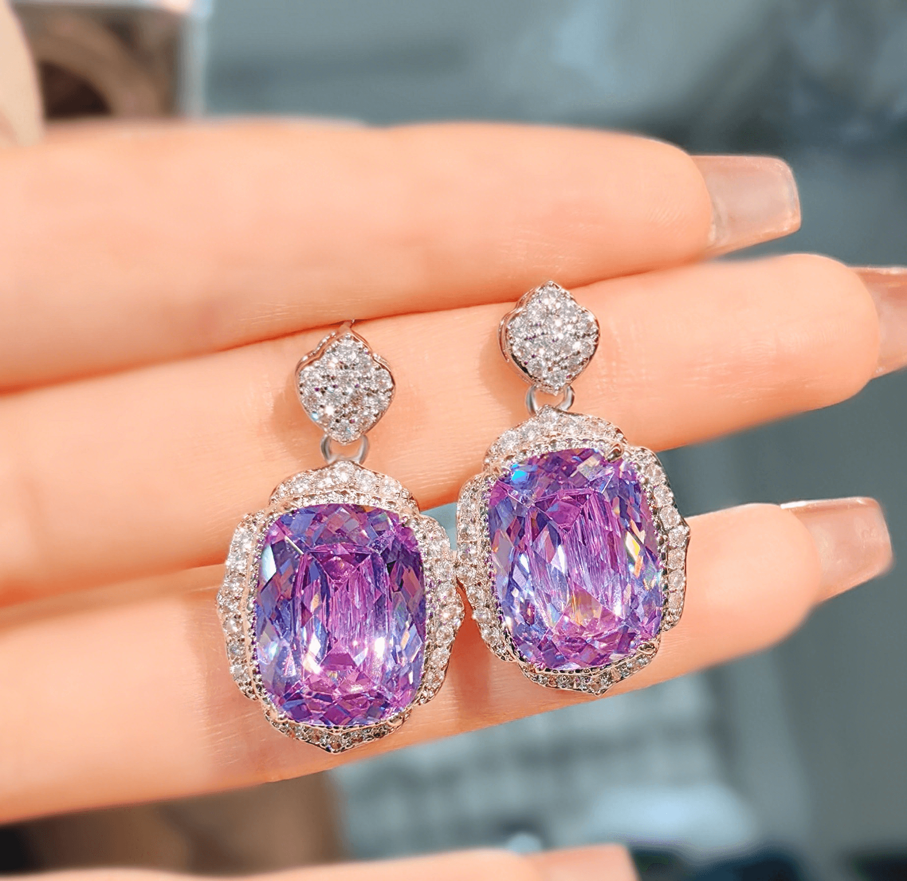 Purple oblong ice cut set set with high carbon diamond purple diamond necklace color jewel earrings ring - Image 5