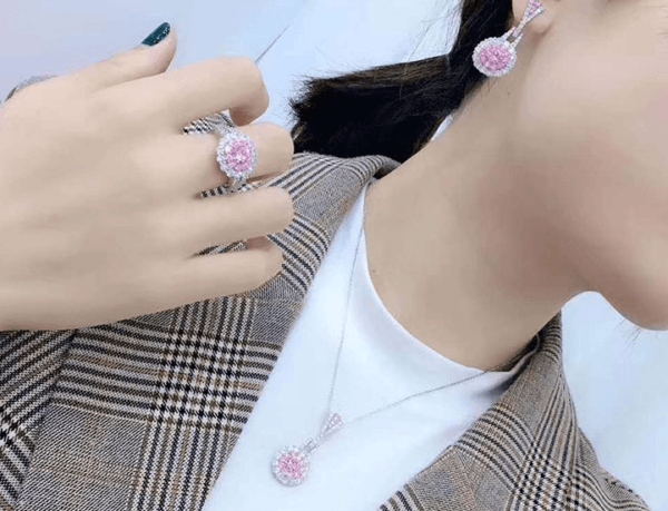 Pink crystal set earrings ring necklace Retro delicate zircon earrings pendant niche design simple ring - Image 2