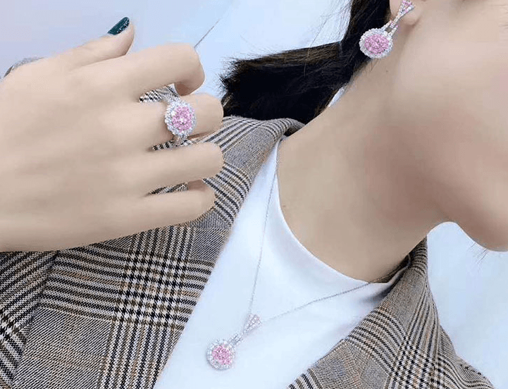 Pink crystal set earrings ring necklace Retro delicate zircon earrings pendant niche design simple ring - Image 2
