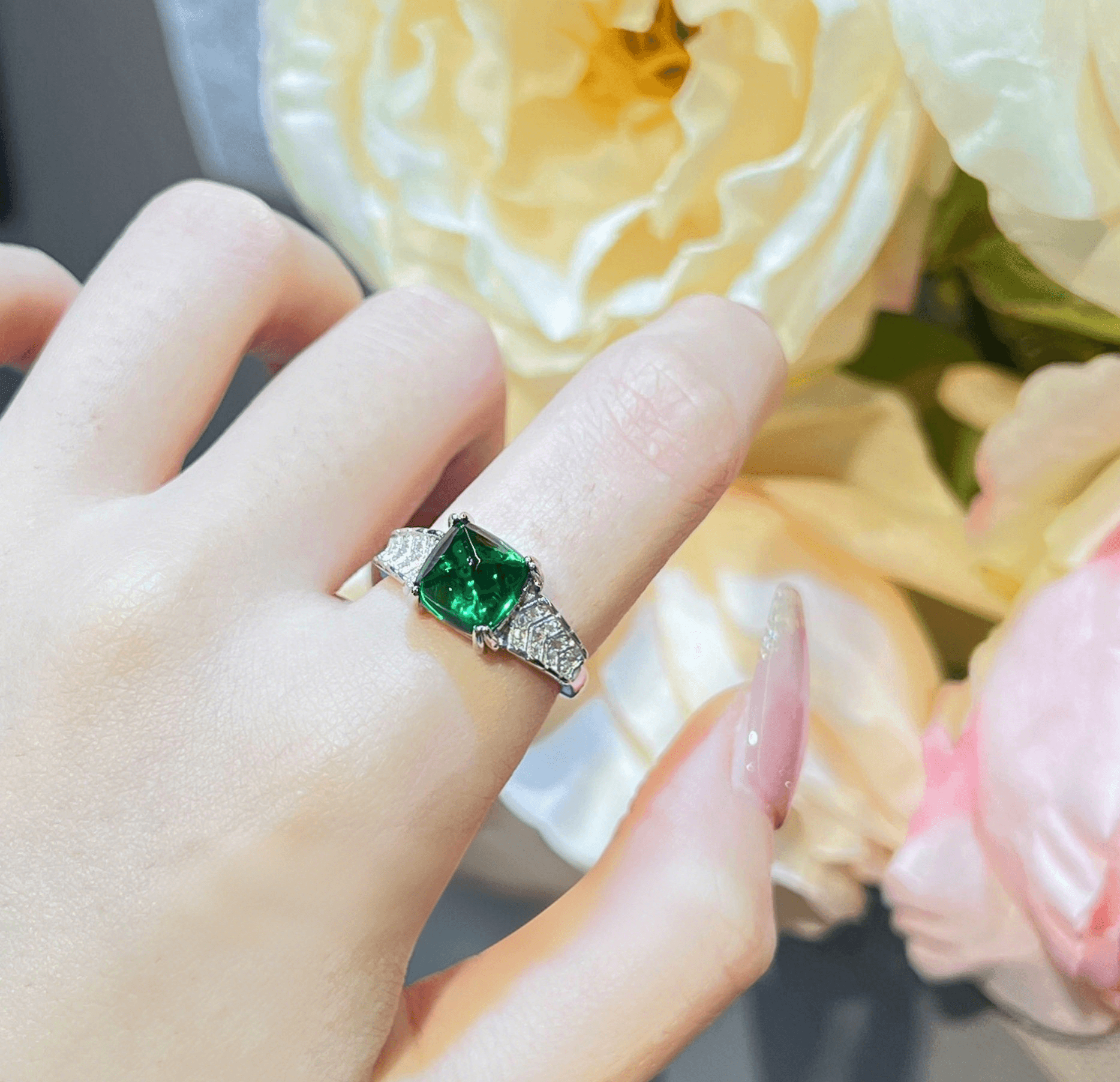 Luxury luxury color treasure ring high carbon diamond high sense pendant necklace emerald earrings earrings set - Image 5