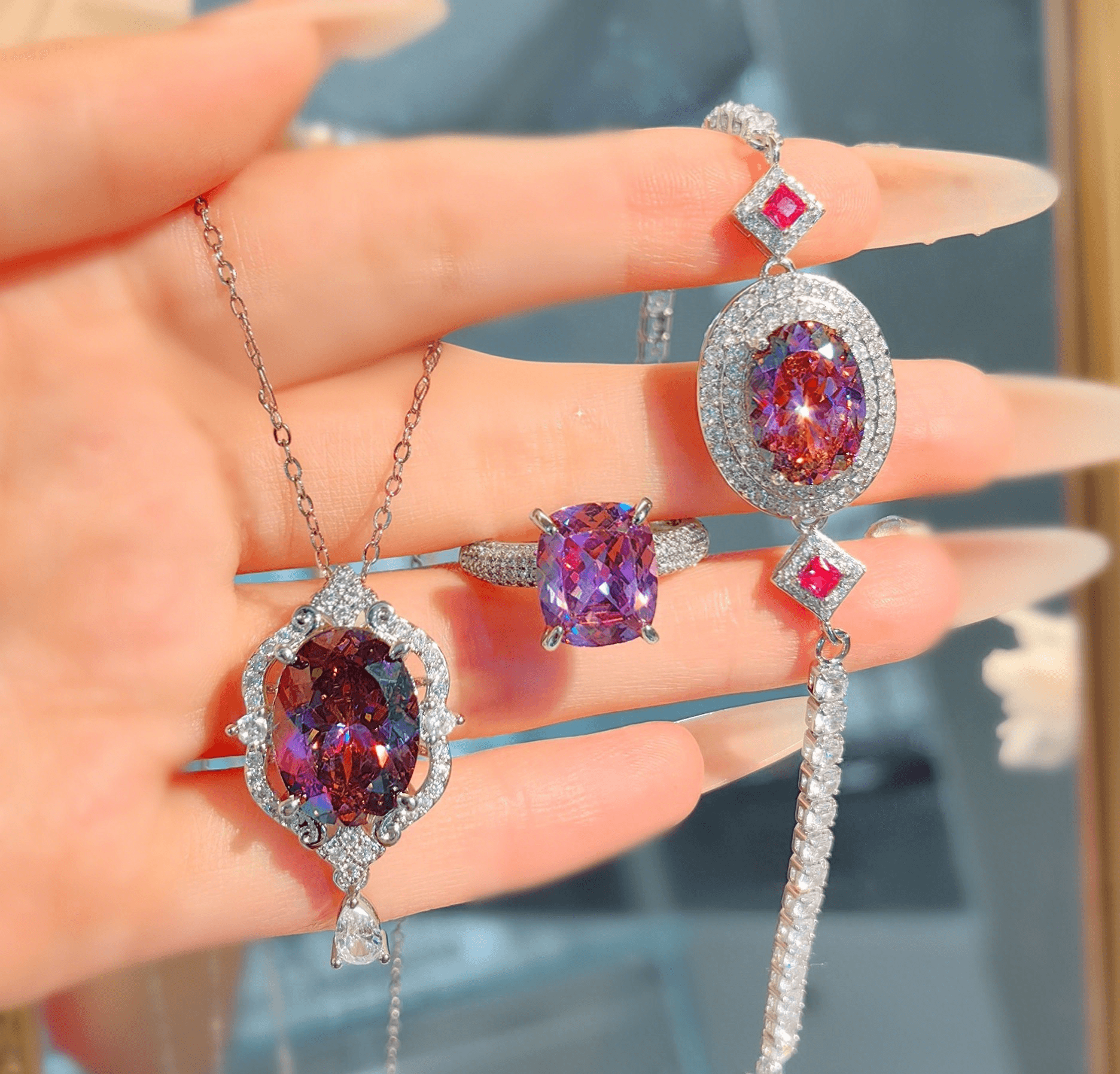 New temperament dry rose necklace pendant imitation Alexander stone ring high carbon diamond bracelet color treasure set - Image 5