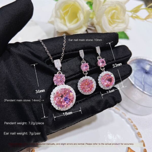 Ultra flash light luxury pink Zircon necklace romantic cherry blossom pink diamond long Argyll pink diamond stud earrings - Image 2
