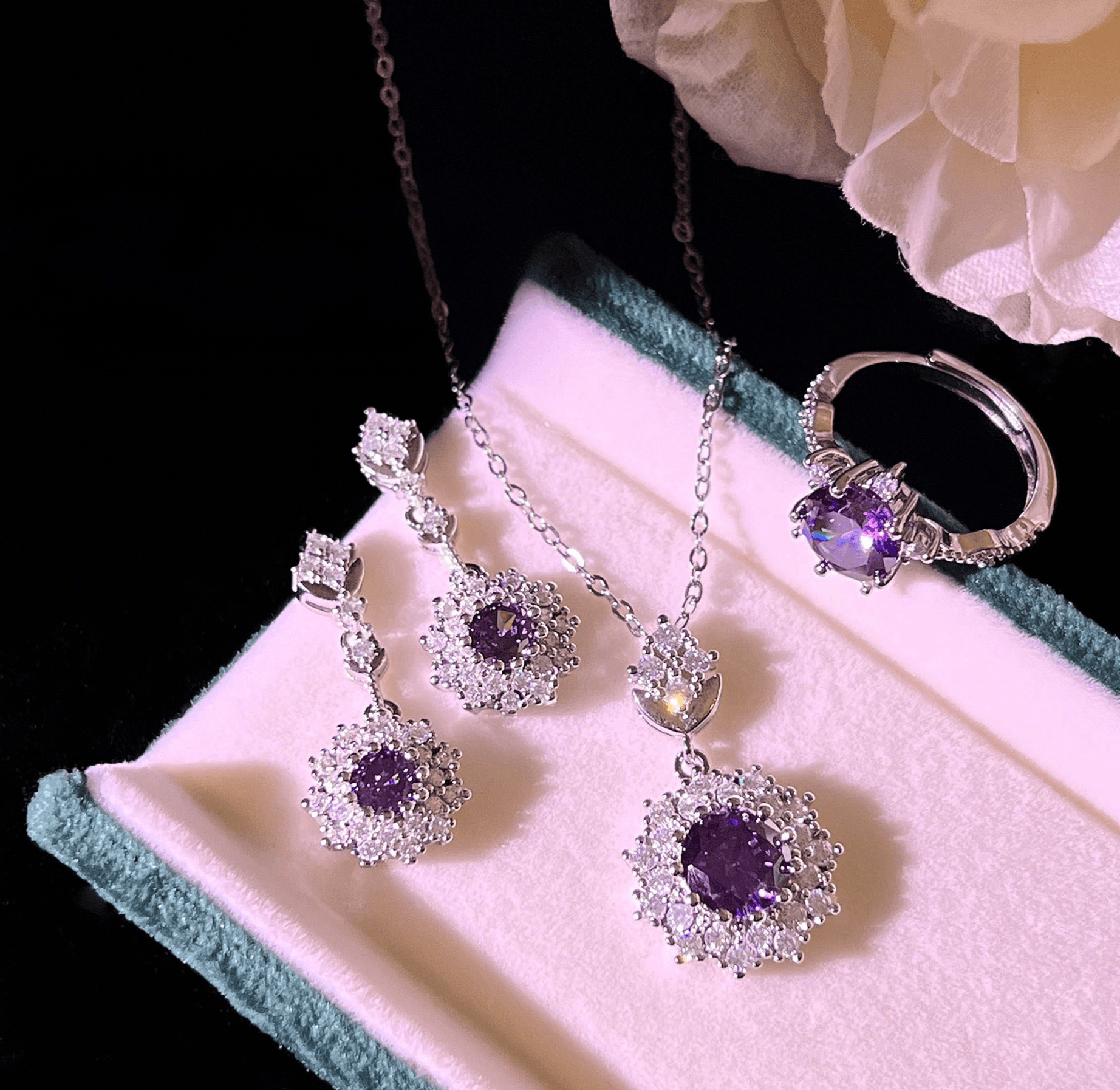 New amethyst ring pendant earrings set Fire color flash amethyst necklace