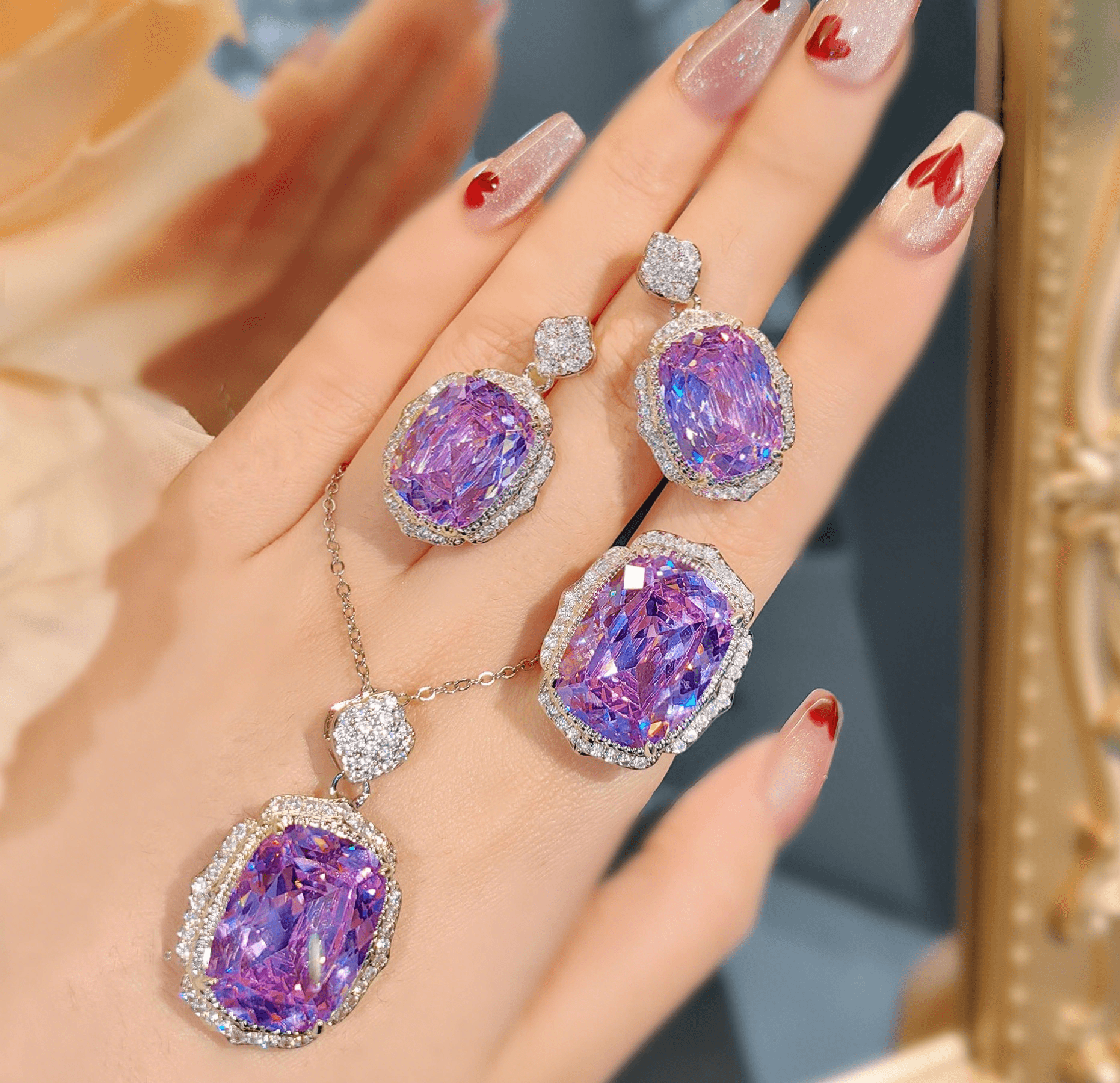 Purple oblong ice cut set set with high carbon diamond purple diamond necklace color jewel earrings ring