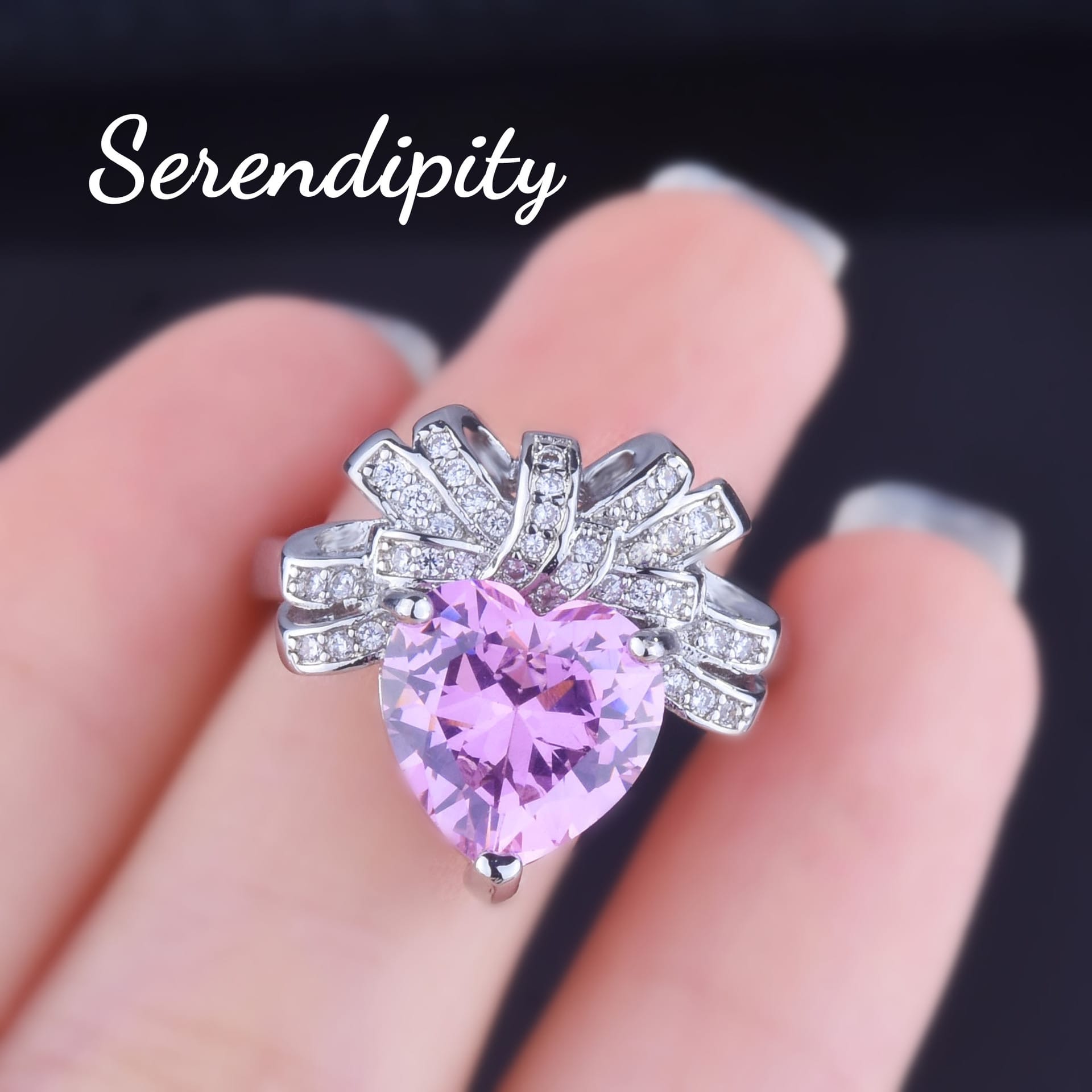 Light luxury Love Pink Diamond necklace bow Heart pendant Pink Zirconium earrings open heart ring Pink heart set - Image 9