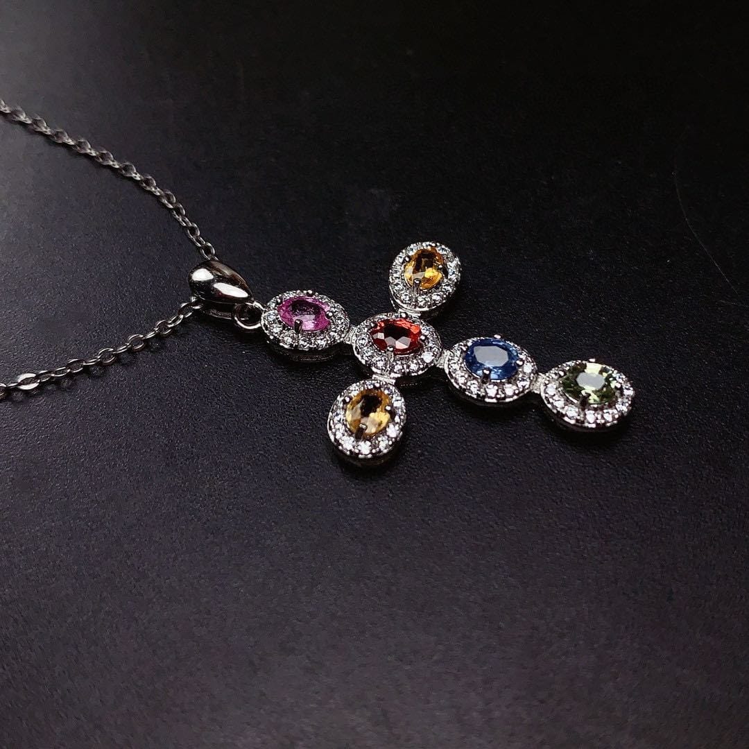 Imitation natural color Sri Lanka sapphire pendant women's multicolor tourmaline color high carbon diamond necklace - Image 7