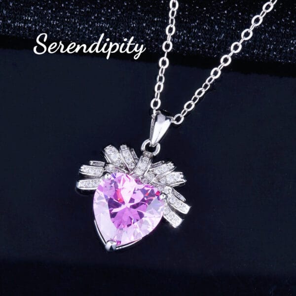 Light luxury Love Pink Diamond necklace bow Heart pendant Pink Zirconium earrings open heart ring Pink heart set - Image 10