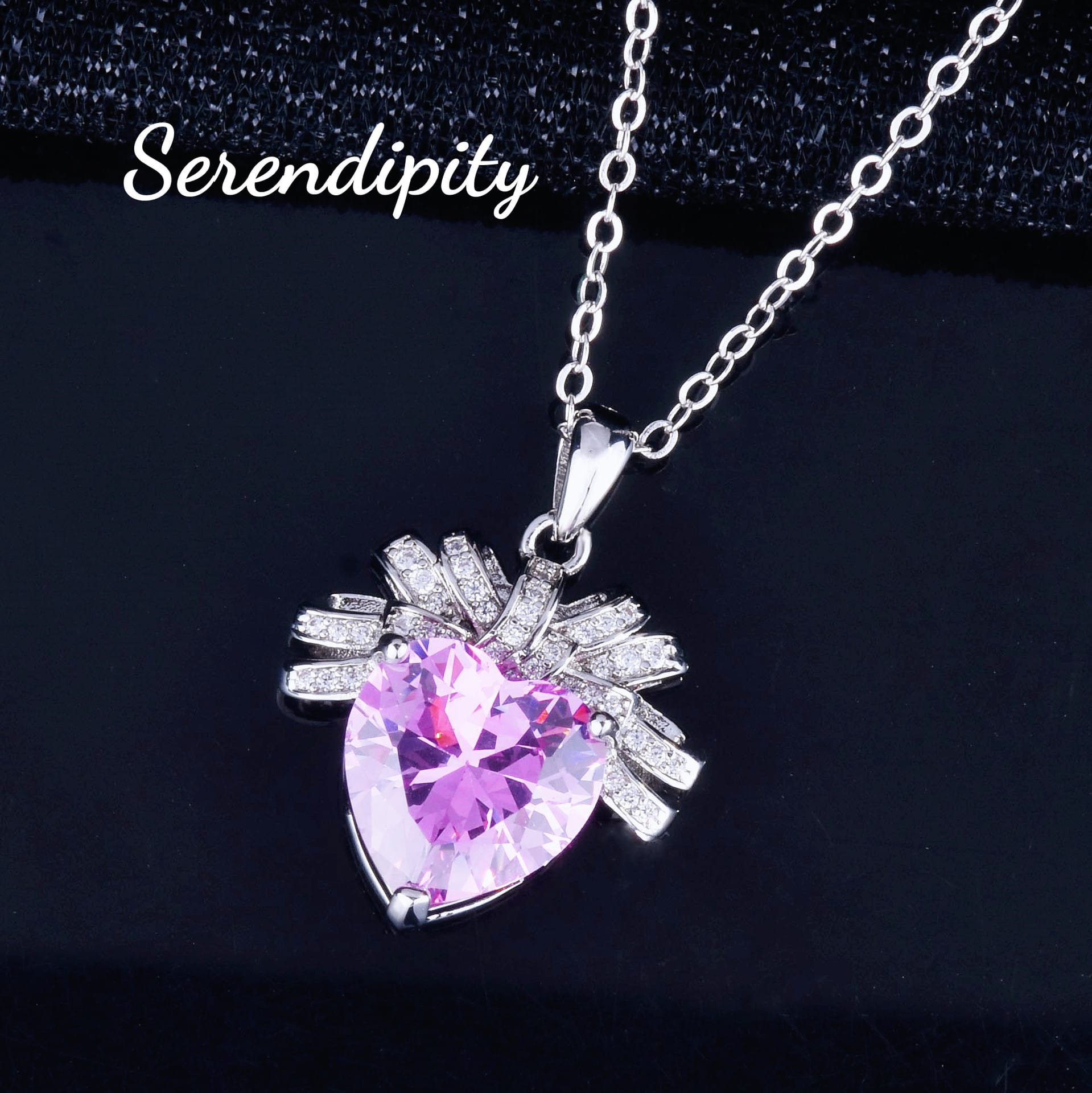 Light luxury Love Pink Diamond necklace bow Heart pendant Pink Zirconium earrings open heart ring Pink heart set - Image 10