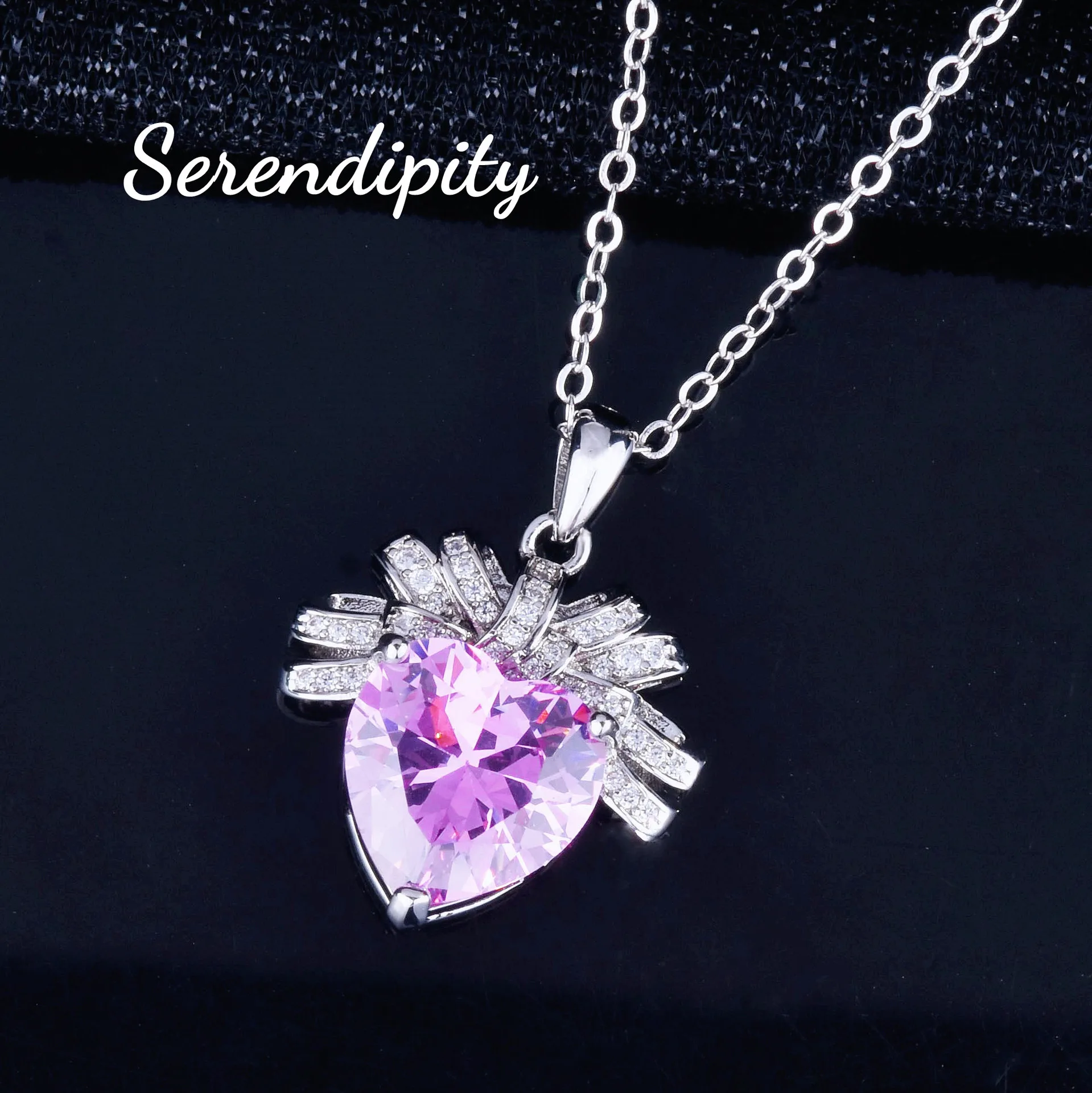 Light luxury Love Pink Diamond necklace bow Heart pendant Pink Zirconium earrings open heart ring Pink heart set - Image 10