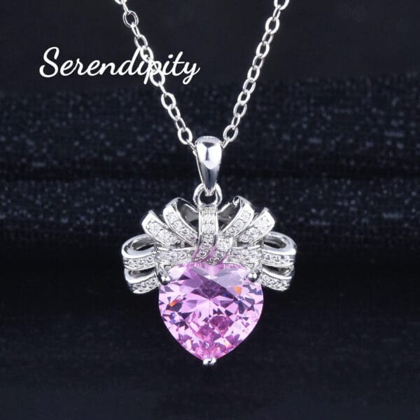 Light luxury Love Pink Diamond necklace bow Heart pendant Pink Zirconium earrings open heart ring Pink heart set - Image 3