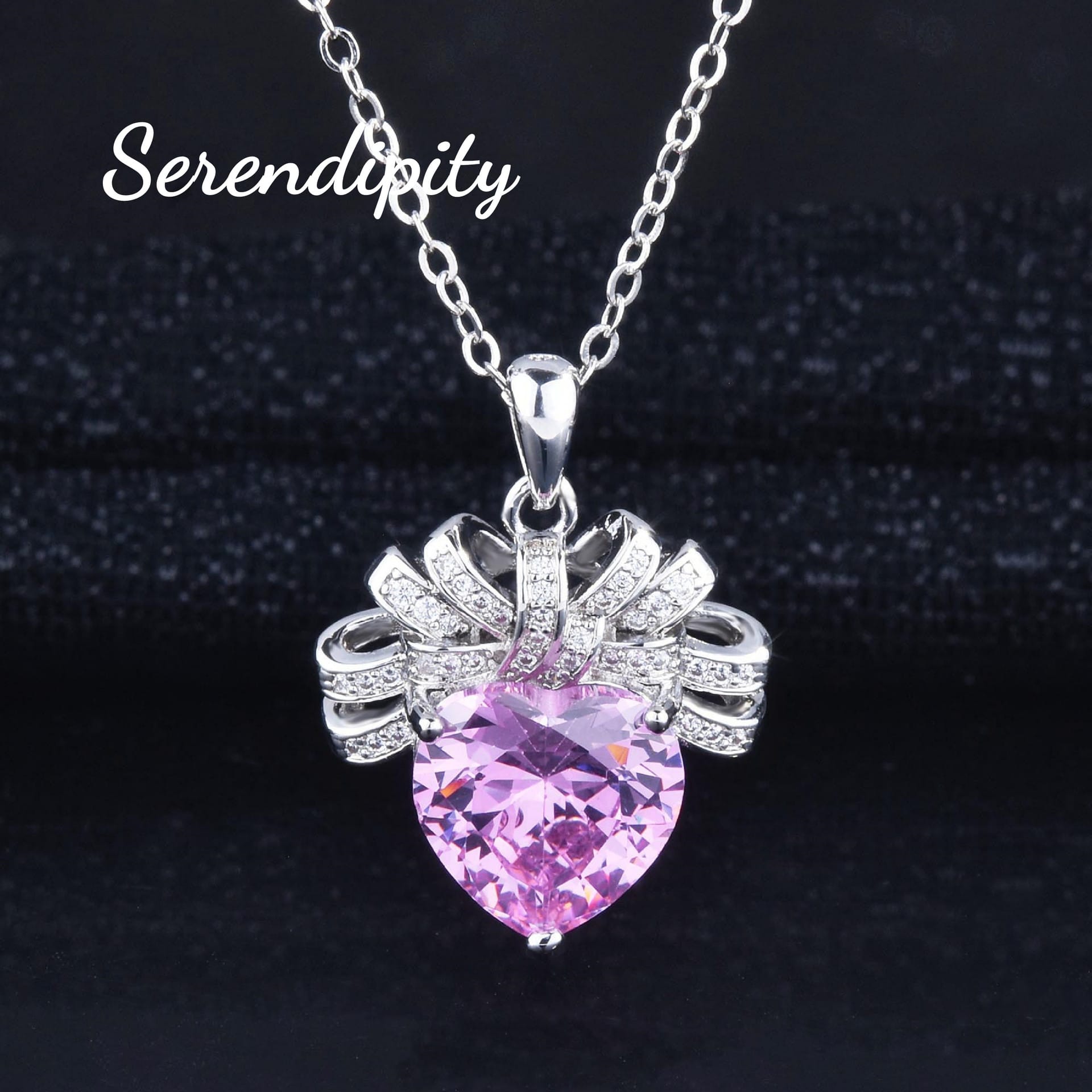Light luxury Love Pink Diamond necklace bow Heart pendant Pink Zirconium earrings open heart ring Pink heart set - Image 3