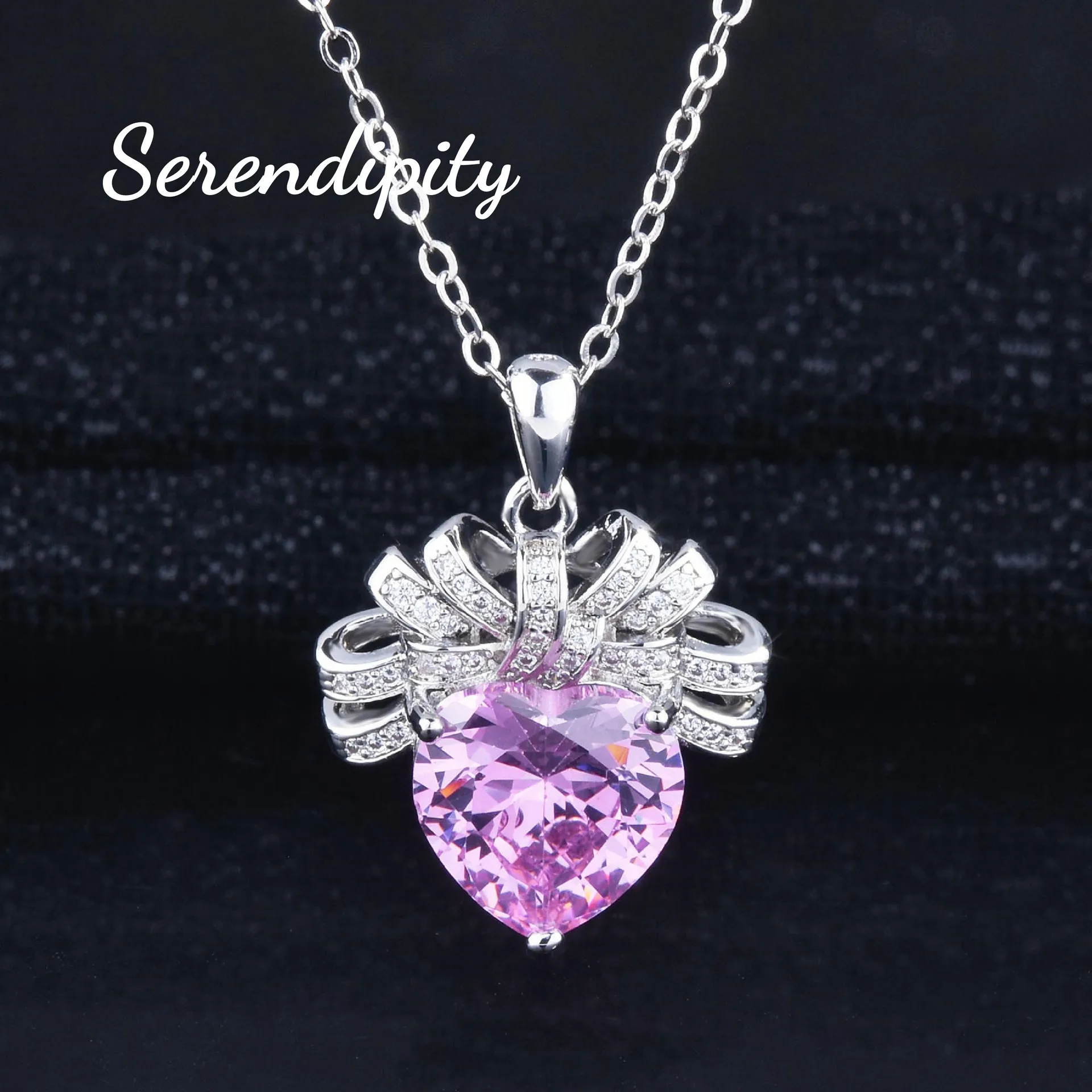 Light luxury Love Pink Diamond necklace bow Heart pendant Pink Zirconium earrings open heart ring Pink heart set - Image 3