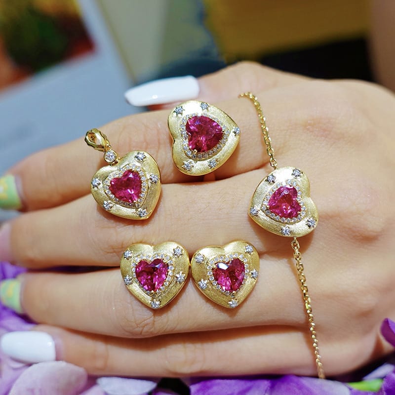 Italian engraving necklace Ring earrings bracelet imitation ruby ruby heart set - Image 3