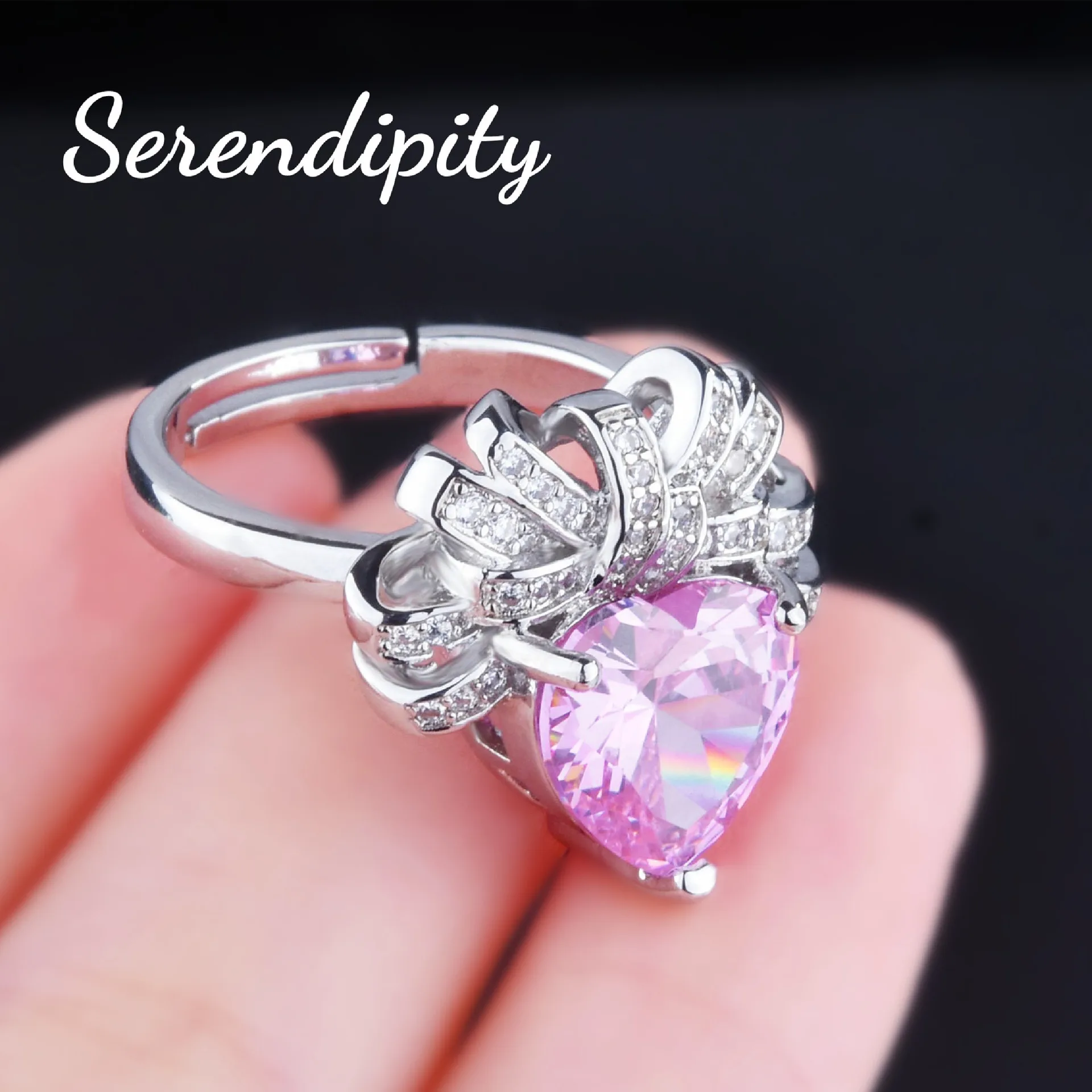 Light luxury Love Pink Diamond necklace bow Heart pendant Pink Zirconium earrings open heart ring Pink heart set - Image 4