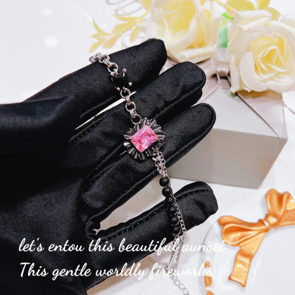 Dark romantic series ruffled gemstone black pink bracelet necklace network red tide brand light luxury powder diamond bracelet - Image 4
