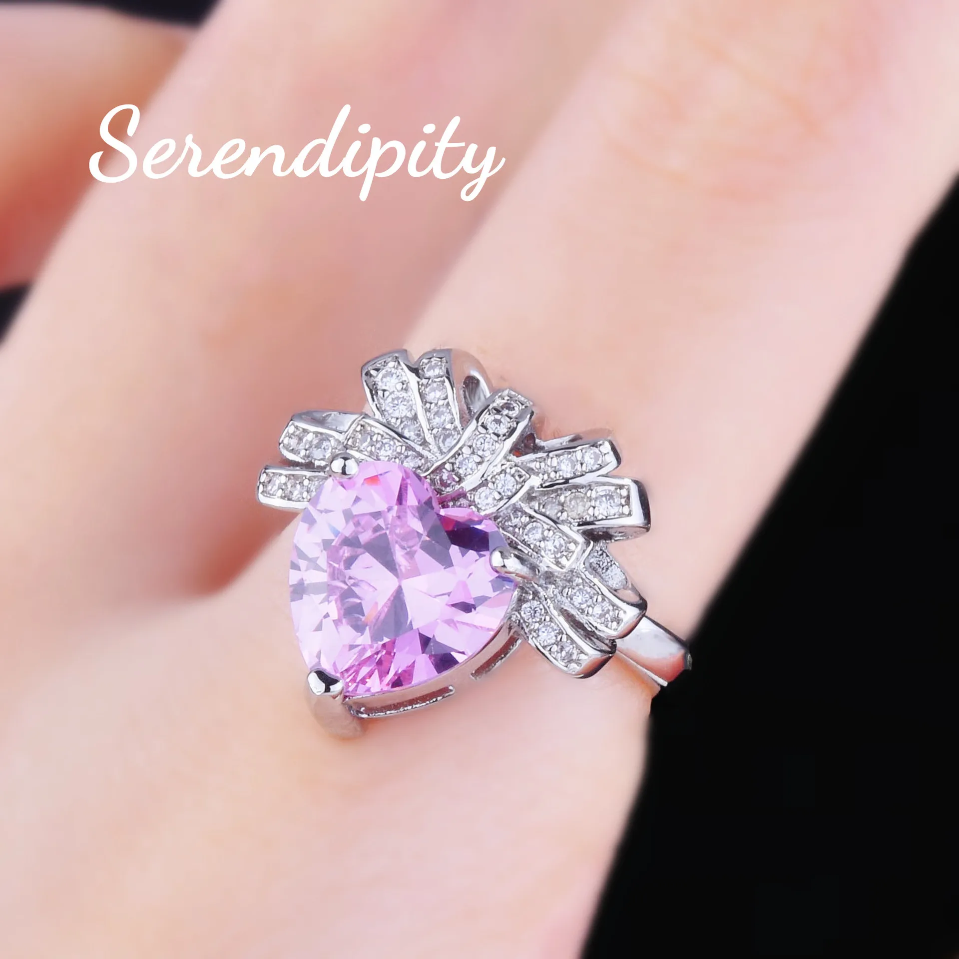 Light luxury Love Pink Diamond necklace bow Heart pendant Pink Zirconium earrings open heart ring Pink heart set - Image 5