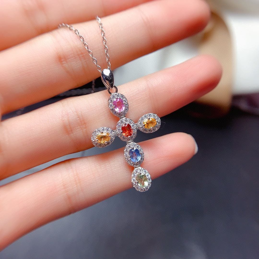 Imitation natural color Sri Lanka sapphire pendant women's multicolor tourmaline color high carbon diamond necklace - Image 3
