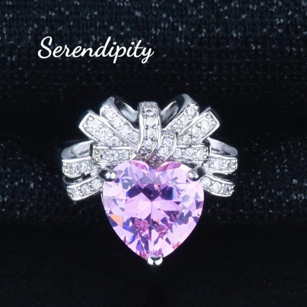 Light luxury Love Pink Diamond necklace bow Heart pendant Pink Zirconium earrings open heart ring Pink heart set - Image 6