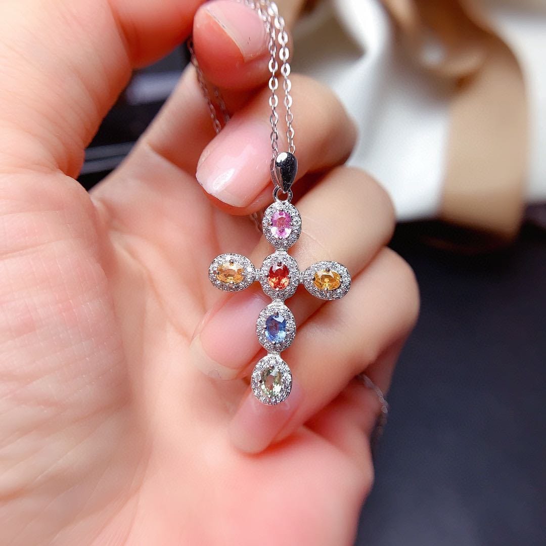 Imitation natural color Sri Lanka sapphire pendant women's multicolor tourmaline color high carbon diamond necklace - Image 4