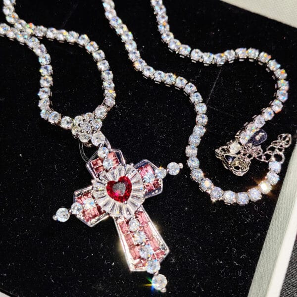 Heavy beautiful girl Love Gemstone Cross necklace Light luxury micro inlaid temperament magic stick diamond clavicle chain - Image 3