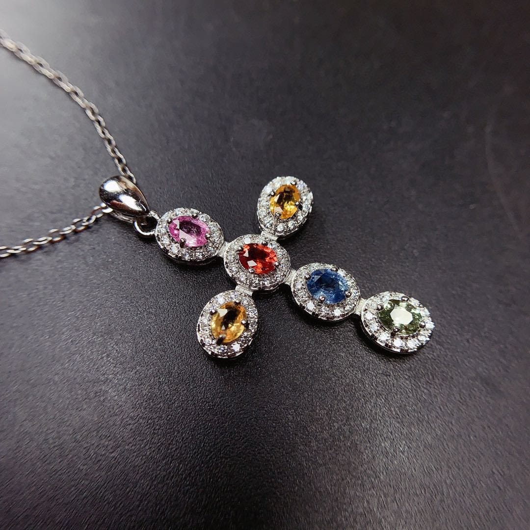 Imitation natural color Sri Lanka sapphire pendant women's multicolor tourmaline color high carbon diamond necklace - Image 5