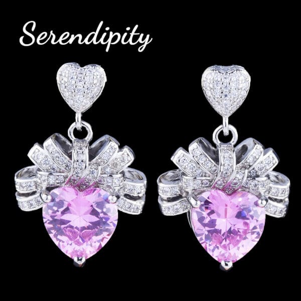 Light luxury Love Pink Diamond necklace bow Heart pendant Pink Zirconium earrings open heart ring Pink heart set - Image 7