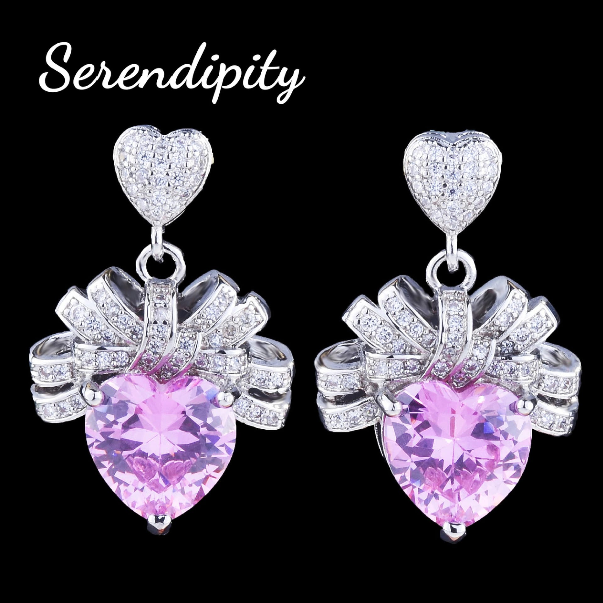 Light luxury Love Pink Diamond necklace bow Heart pendant Pink Zirconium earrings open heart ring Pink heart set - Image 7