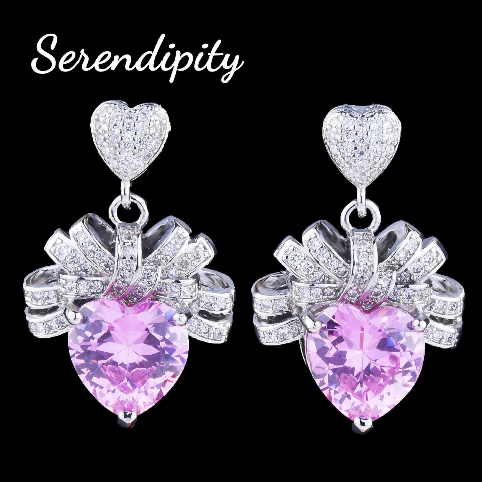 Light luxury Love Pink Diamond necklace bow Heart pendant Pink Zirconium earrings open heart ring Pink heart set - Image 7