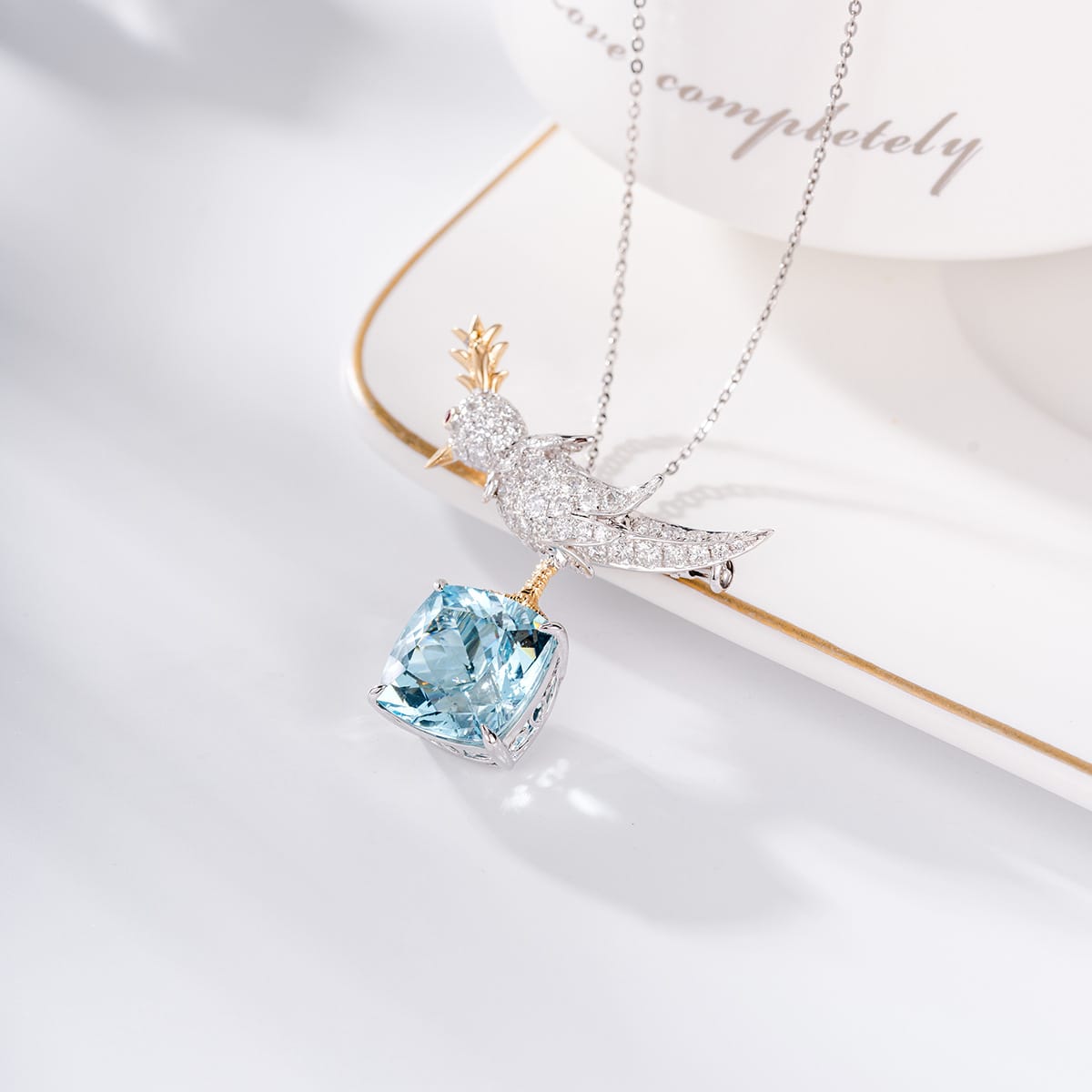 Fine jewelry design exquisite luxury Aquamarine brooch pendant two wear micro studded with diamond bird necklace - Image 3