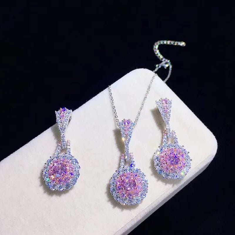 Pink crystal set earrings ring necklace Retro delicate zircon earrings pendant niche design simple ring - Image 12