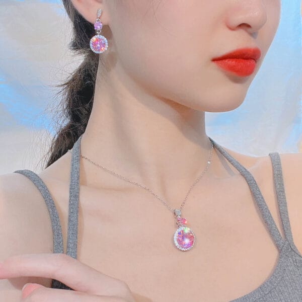 Ultra flash light luxury pink Zircon necklace romantic cherry blossom pink diamond long Argyll pink diamond stud earrings - Image 7
