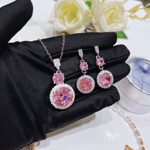 Ultra flash light luxury pink Zircon necklace romantic cherry blossom pink diamond long Argyll pink diamond stud earrings - Image 8