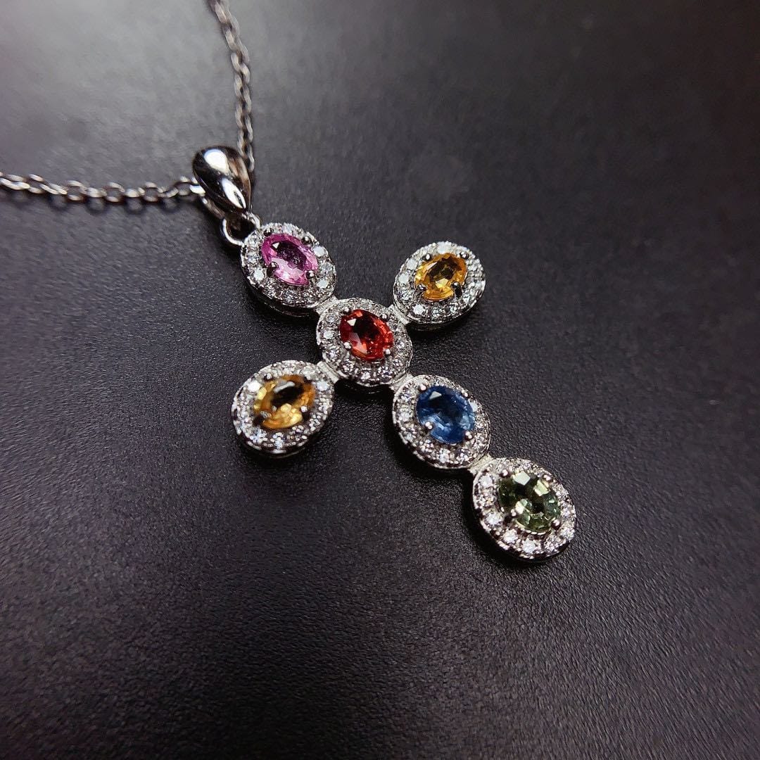 Imitation natural color Sri Lanka sapphire pendant women's multicolor tourmaline color high carbon diamond necklace - Image 6