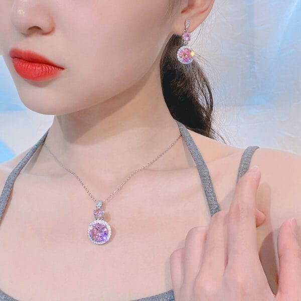 Ultra flash light luxury pink Zircon necklace romantic cherry blossom pink diamond long Argyll pink diamond stud earrings - Image 9
