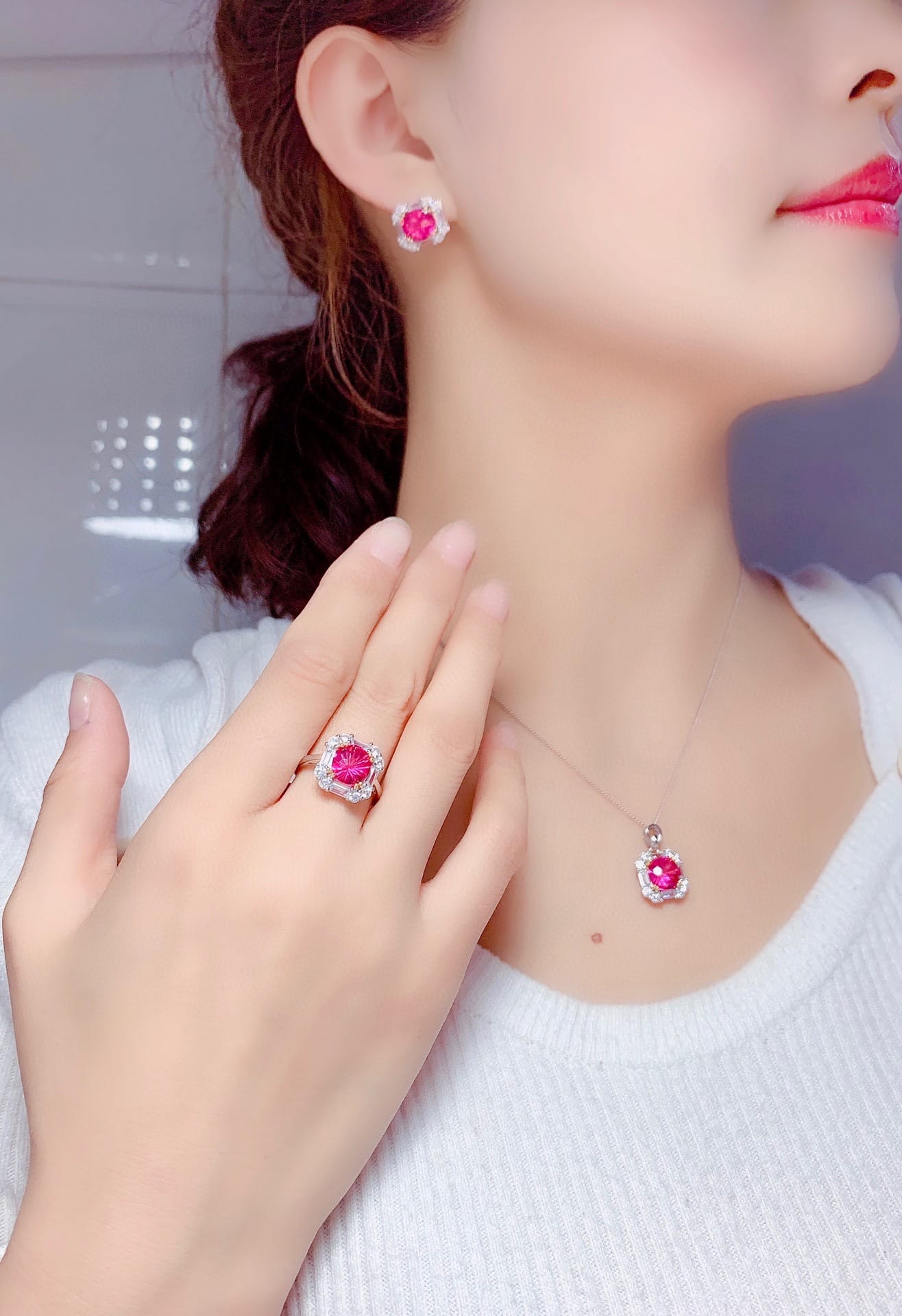 Imitation natural powder Topaz ring set pendant earrings high carbon diamond necklace - Image 11
