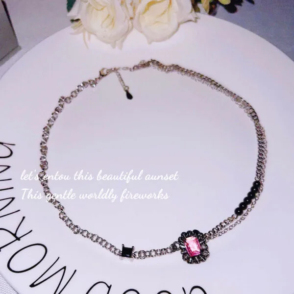 Dark romantic series ruffled gemstone black pink bracelet necklace network red tide brand light luxury powder diamond bracelet - Image 2
