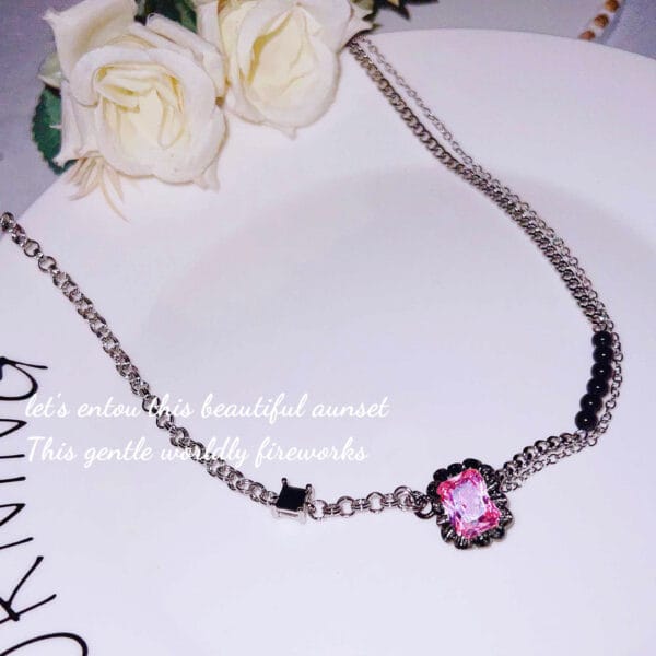 Dark romantic series ruffled gemstone black pink bracelet necklace network red tide brand light luxury powder diamond bracelet - Image 5