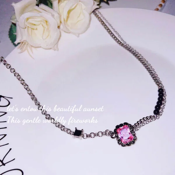 Dark romantic series ruffled gemstone black pink bracelet necklace network red tide brand light luxury powder diamond bracelet - Image 5