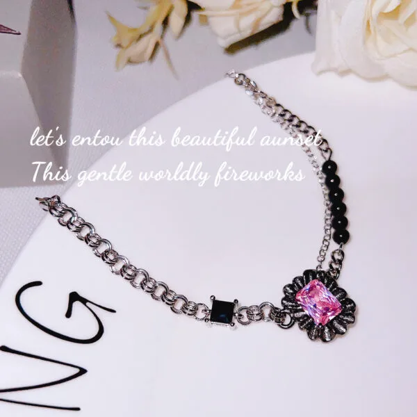 Dark romantic series ruffled gemstone black pink bracelet necklace network red tide brand light luxury powder diamond bracelet - Image 6