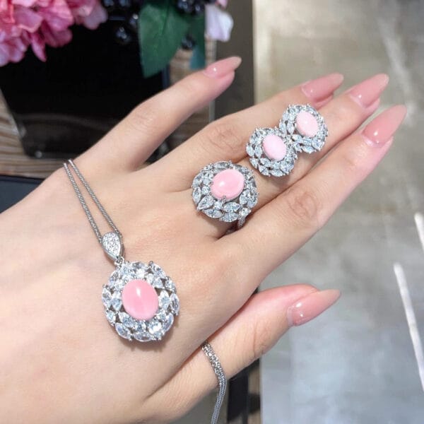 Premium sense imitation pink conch shell necklace Light luxury earrings High carbon diamond ring - Image 3
