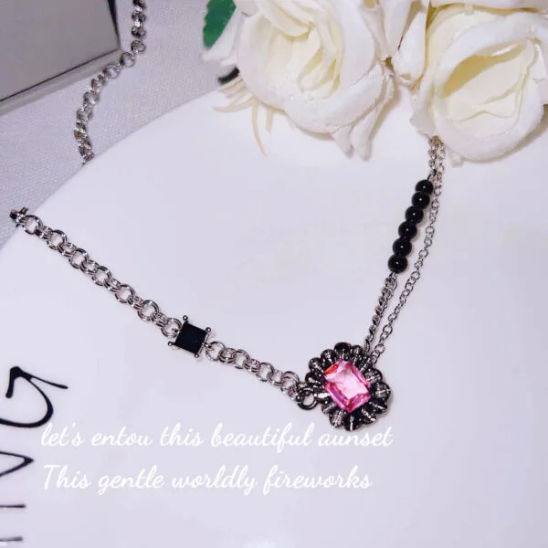 Dark romantic series ruffled gemstone black pink bracelet necklace network red tide brand light luxury powder diamond bracelet - Image 7