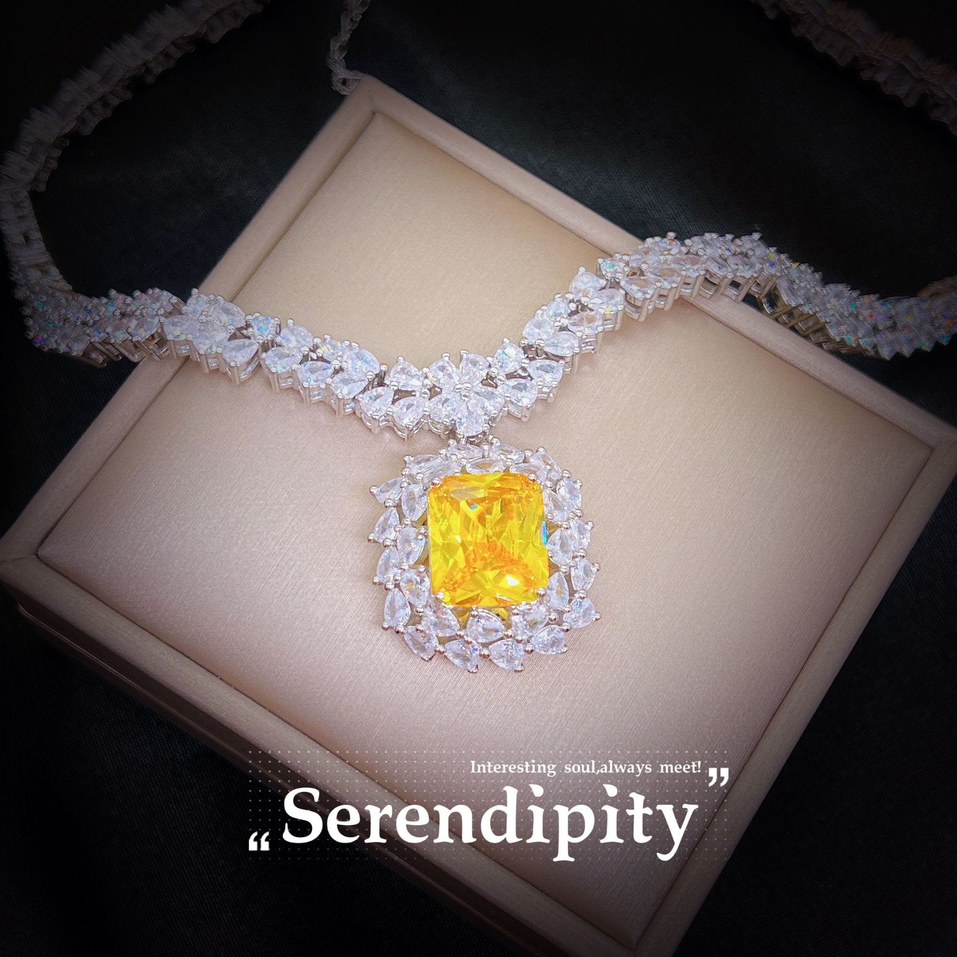 High-end jewelry yellow diamond necklace Long colored jewel earrings open ring - Image 8