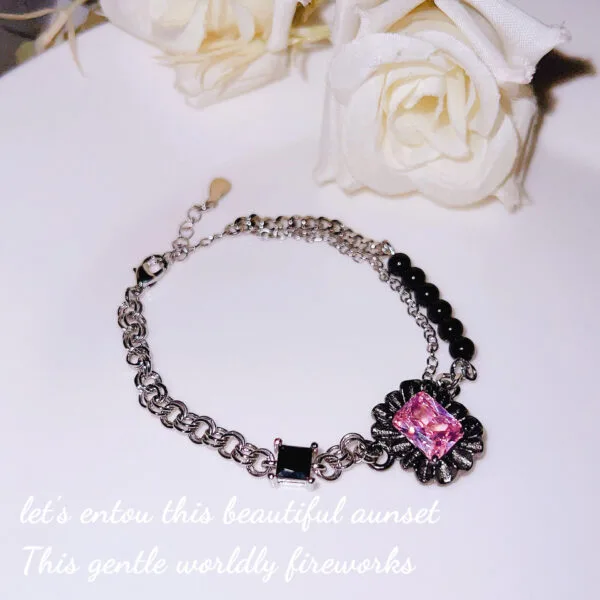 Dark romantic series ruffled gemstone black pink bracelet necklace network red tide brand light luxury powder diamond bracelet - Image 8