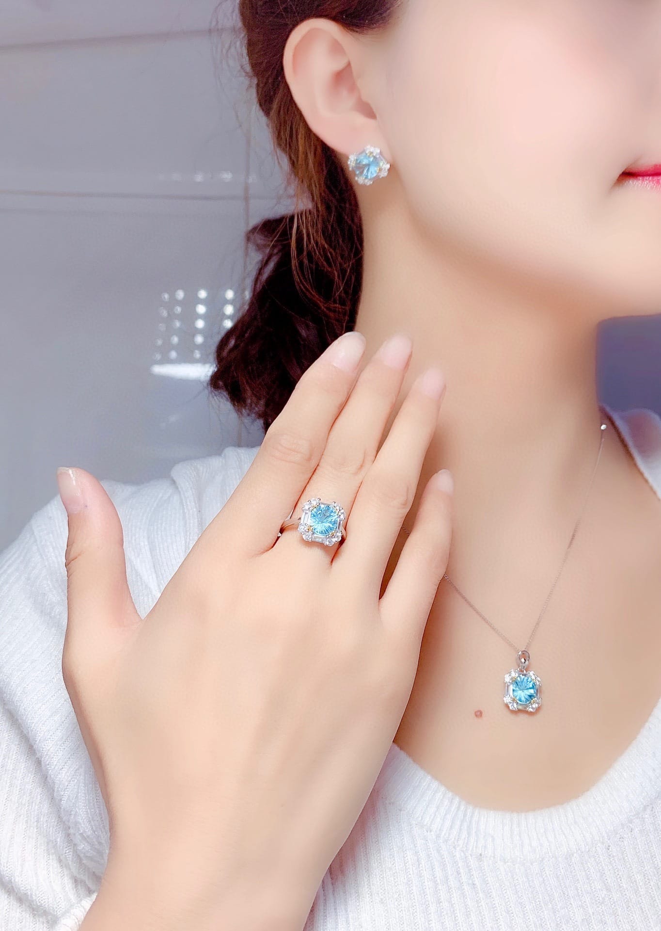 Imitation natural powder Topaz ring set pendant earrings high carbon diamond necklace - Image 9